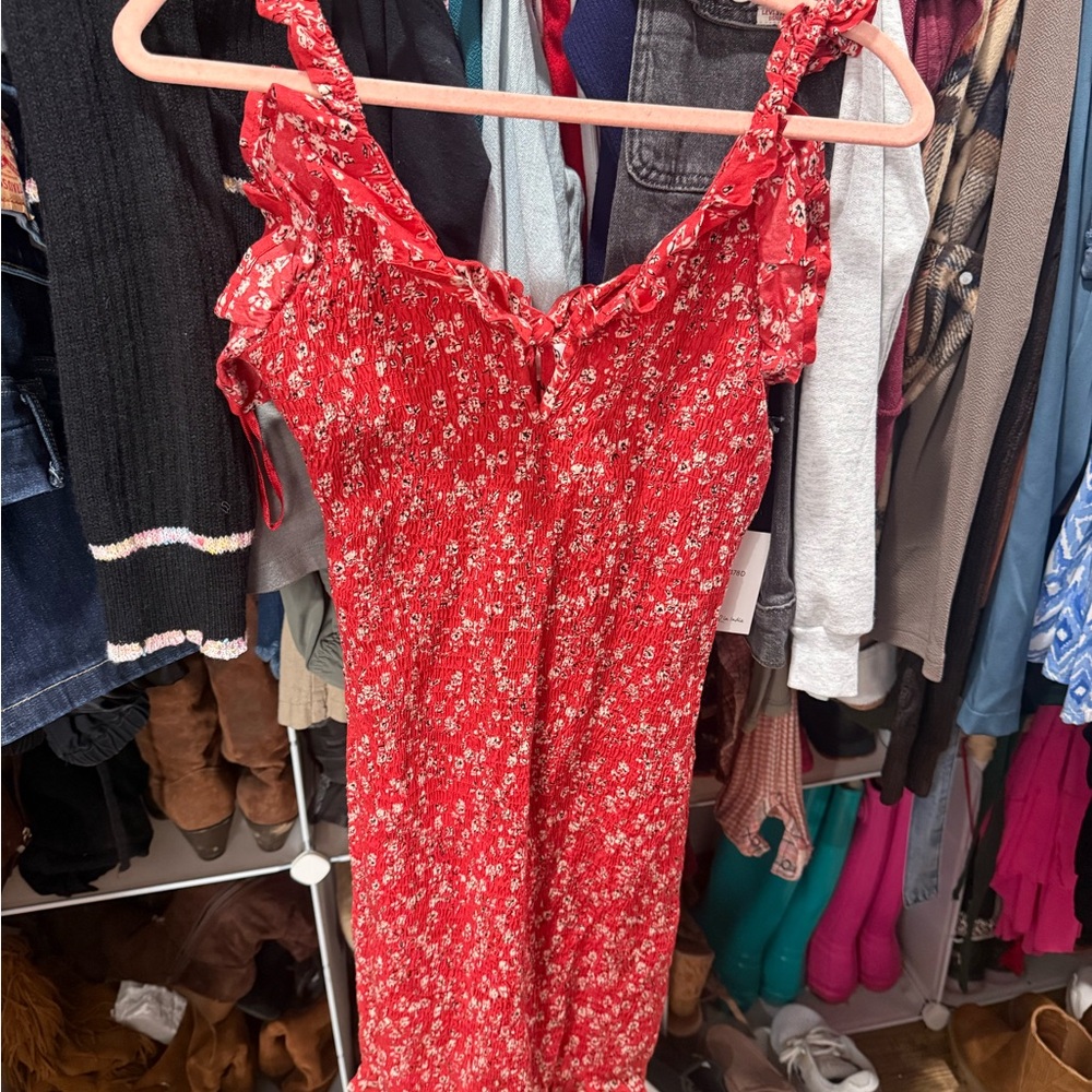 Japna Red Floral Dress with Ruffle Accents